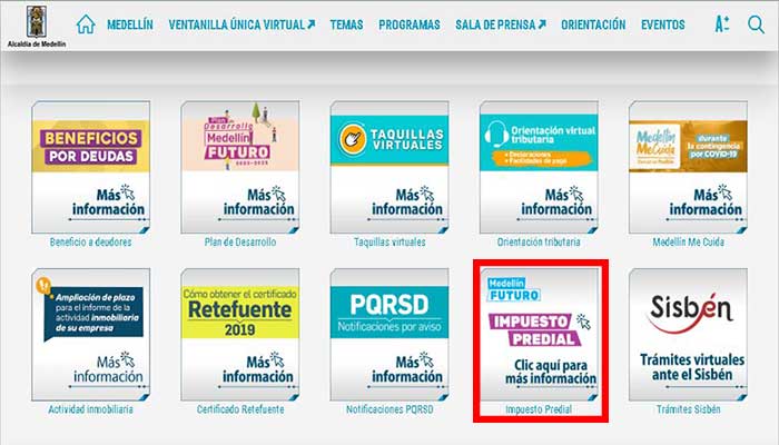 Selección opción de impuesto predial Medellín