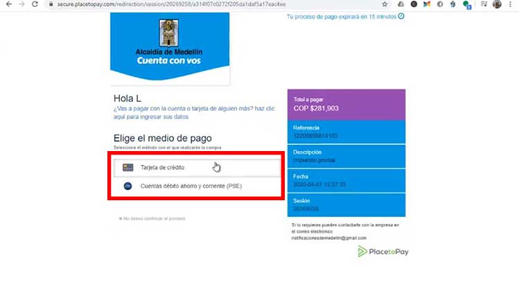 seleccion de metodo de pago de impuesto predial medellin