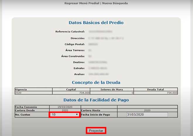 Proyeccion Numeros de Cuotas de Pago Impuesto Predial Barranquilla