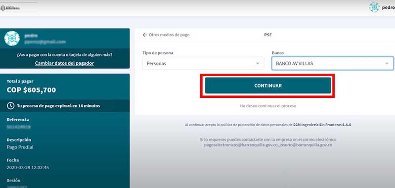 Seleccion de banco metodo de Pago PSE factura de impuesto predial Barranquilla