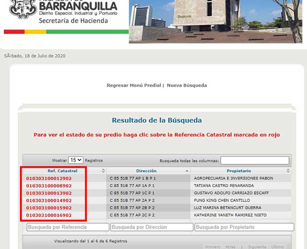 Seleccion de Referencia Catastral Impuesto Predial Barranquilla
